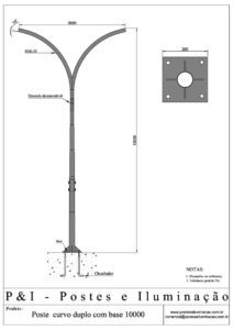 Poste de Iluminação - Curvo Duplo Base Chumbadores 10 Metros