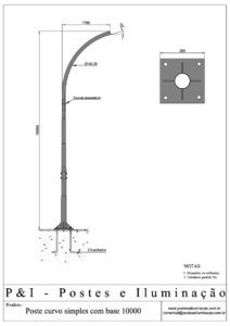 Poste de Iluminação - Curvo Simples Base Chumbadores 10 Metros