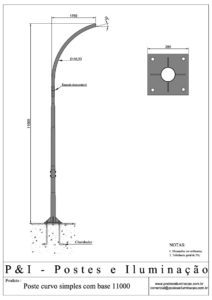 Poste de Iluminação - Curvo Simples Base Chumbadores 11 Metros