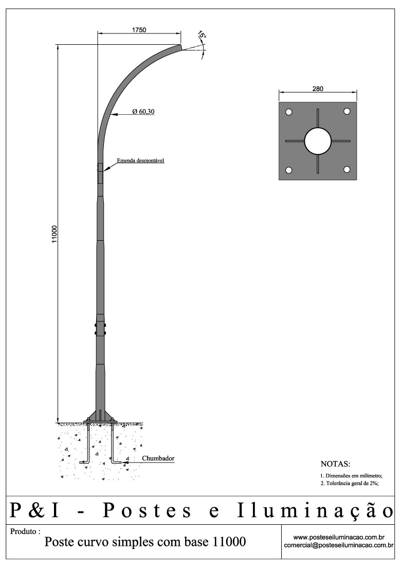 Poste de Iluminação - Curvo Simples Base Chumbadores 11 Metros