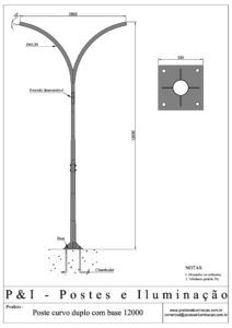 Poste de Iluminação - Curvo Duplo Base Chumbadores 12 Metros