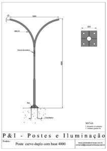 Poste de Iluminação - Curvo Duplo Base e Chumbadores 4 Metros