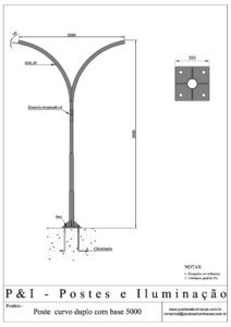 Poste de Iluminação - Curvo Duplo com Base e Chumbadores 5 Metros