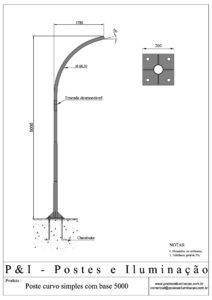 Poste de Iluminação - Curvo Simples Base Chumbadores 5 Metros
