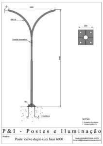 Poste de Iluminação - Curvo Duplo Base Chumbadores 6 Metros