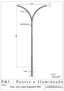 Poste de Iluminação - Curvo Duplo Engastado 6 Metros