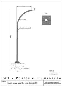 Poste de Iluminação - Curvo Simples Base Chumbadores 6 Metros