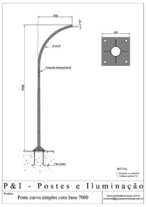 Poste de Iluminação - Curvo Simples Base Chumbadores 7 Metros