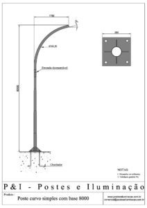 Poste de Iluminação - Curvo Simples Base Chumbadores 8 Metros