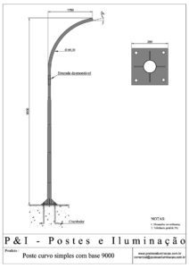 Poste de Iluminação - Curvo Simples Base Chumbadores 9 Metros