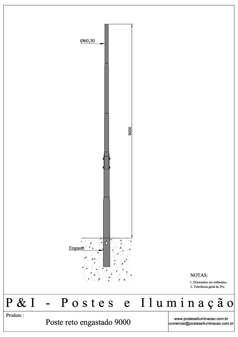 Poste de Iluminação - Reto Engastado 9 Metros