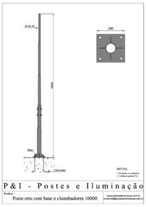 Poste de Iluminação Reto - Base Chumbadores 10 Metros