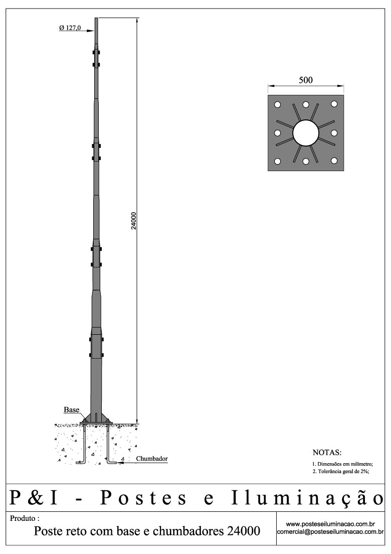 Poste de Iluminação Reto - Base Chumbadores 24 Metros