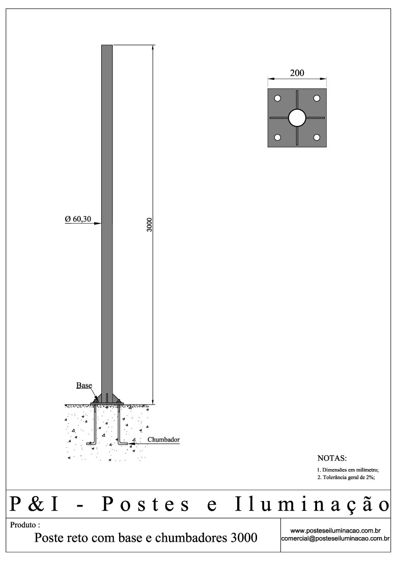 Poste de Iluminação Reto - Base Chumbadores 3 Metros