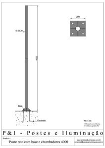 Poste de Iluminação Reto - Base Chumbadores 4 Metros