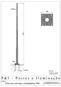 Poste de Iluminação Reto - Base Chumbadores 7 Metros